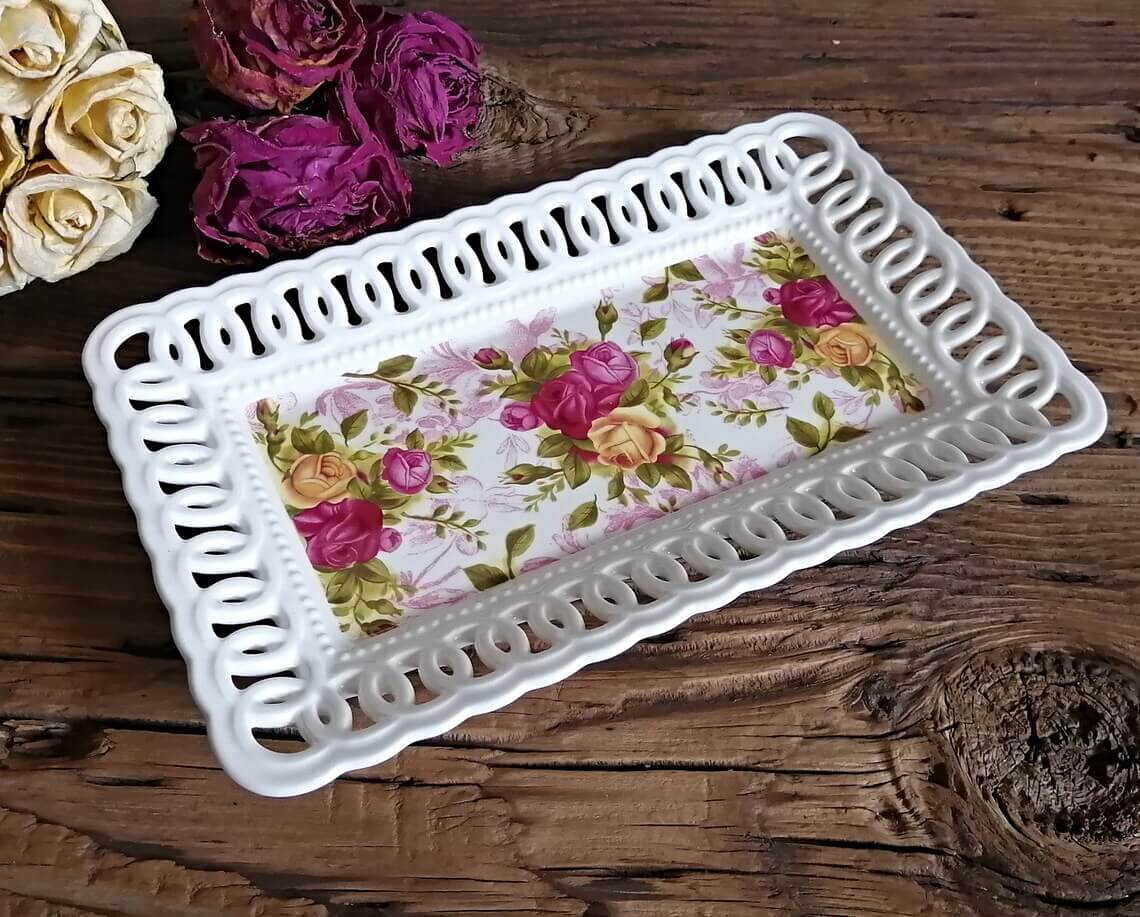 Old Country Inspired Porcelain Rose Vanity Tray
