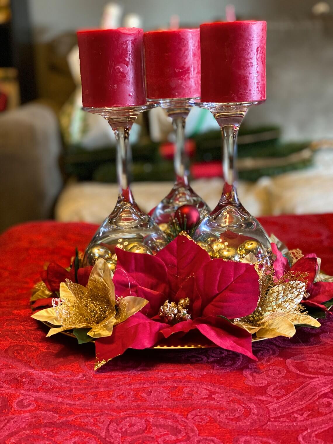 Wonderful Wine Glass and Poinsettia Centerpiece Creation