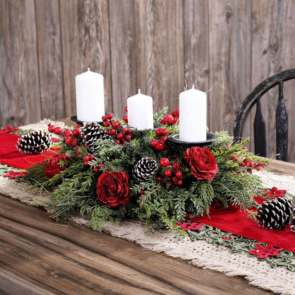 Red Christmas Poinsettia Candle Holder Centerpiece with Pinecones