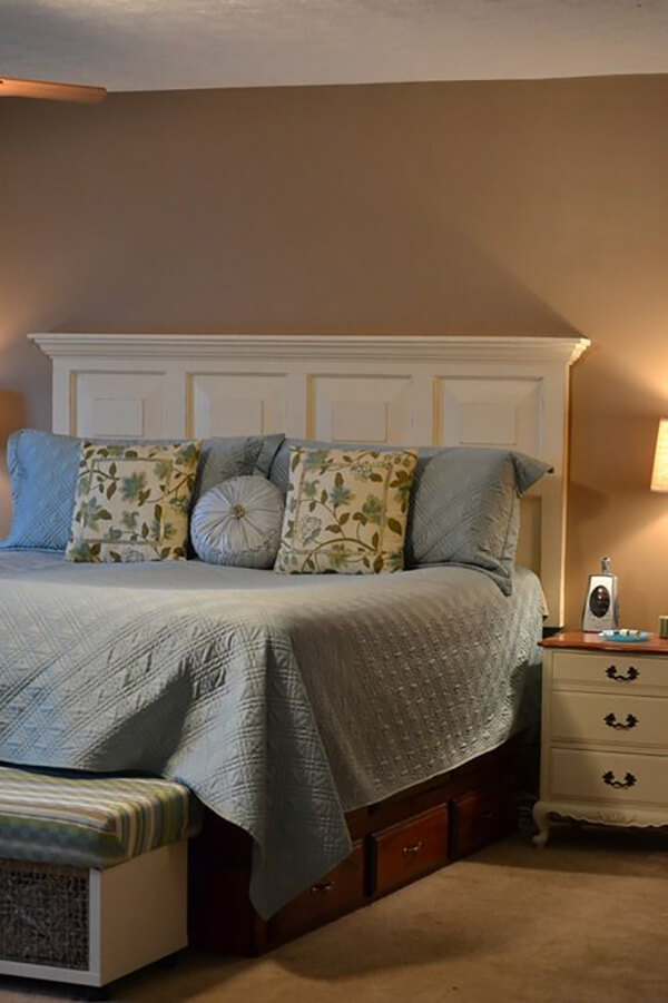 Lightly-Distressed Door Headboard Finished with Crown Molding