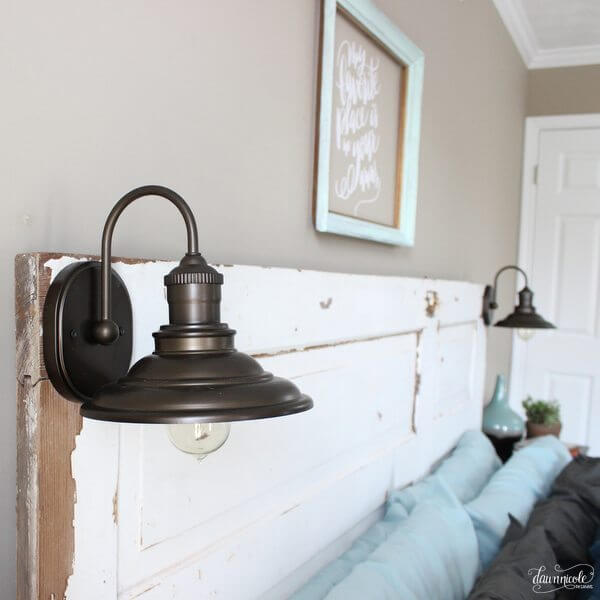 Distressed DIY Headboard with Lamps from Door