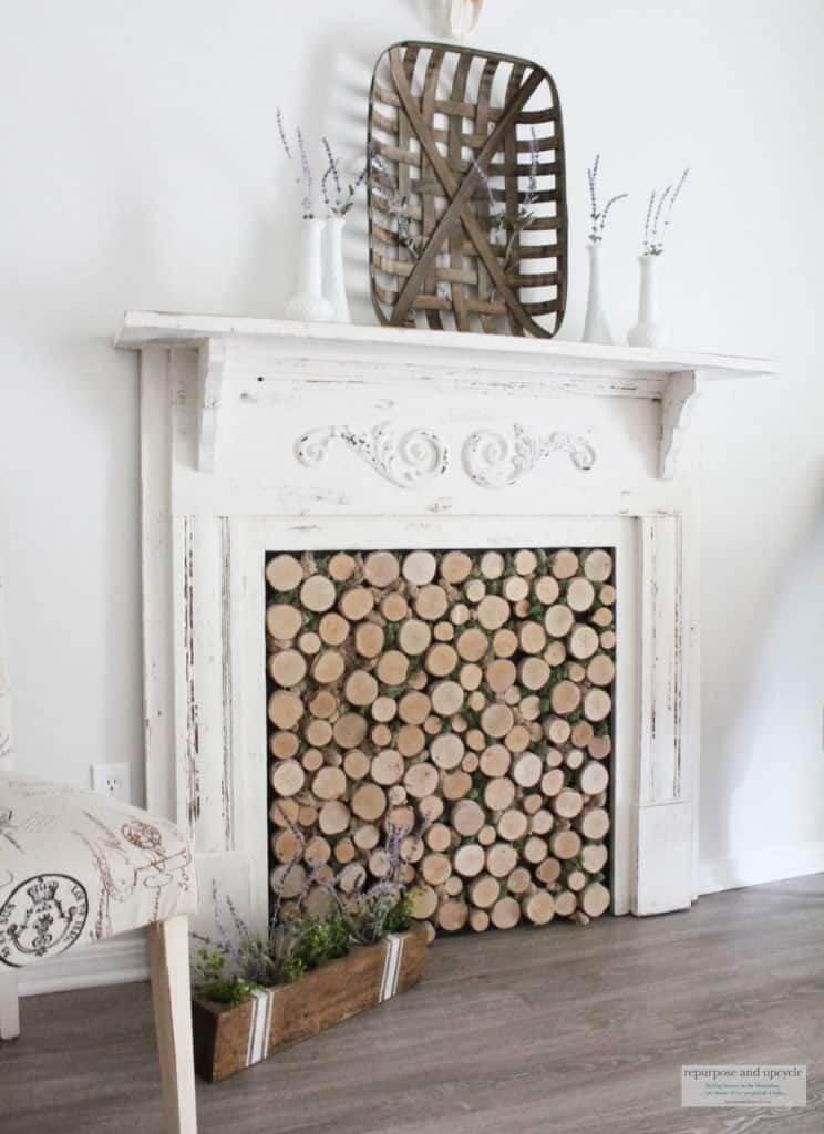 Beautiful Birch Wood Insert Faux Fireplace