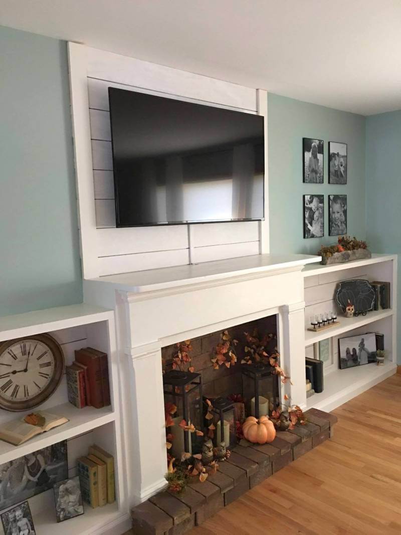 Farmhouse Shiplap Fake Fireplace and Bookshelves