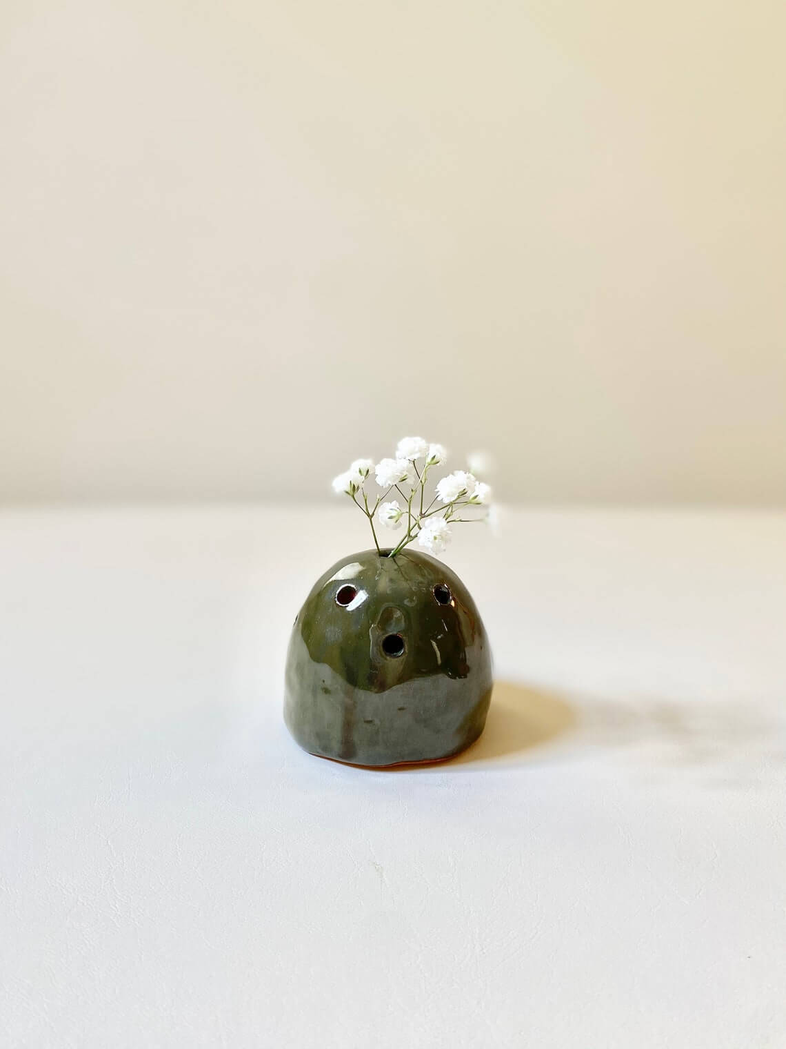 Handmade Olive Green Ceramic Flower Frog Vase