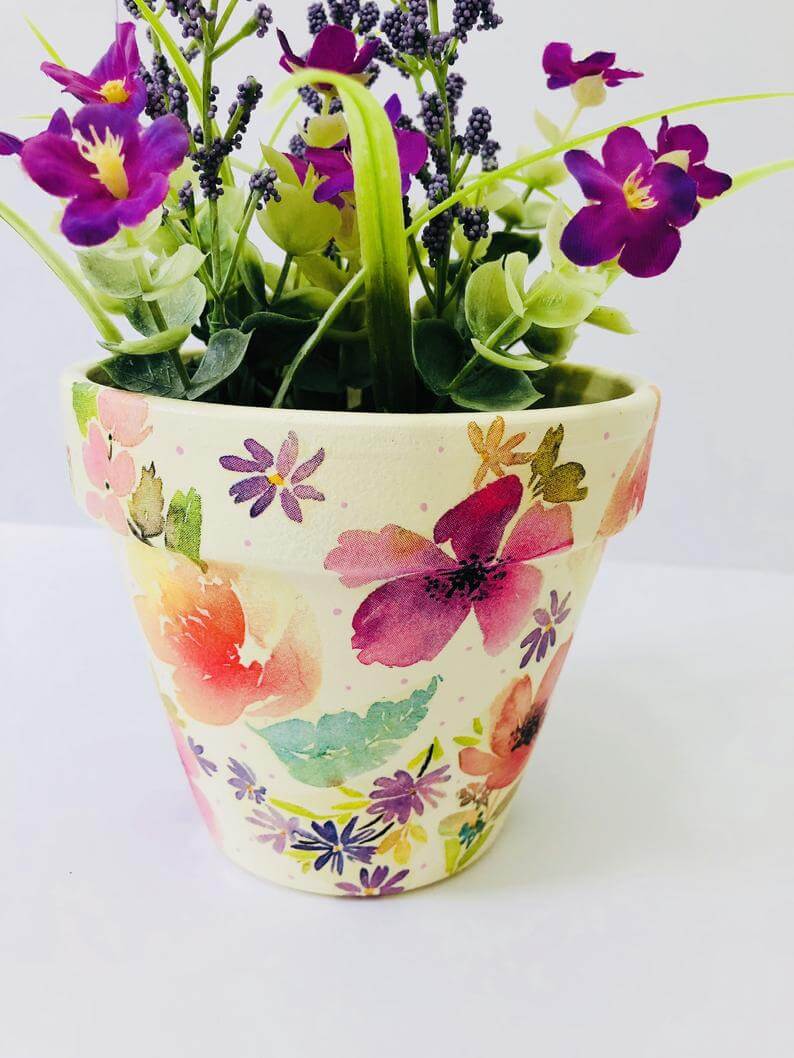 Decoupaged Watercolor Floral Flower Pot