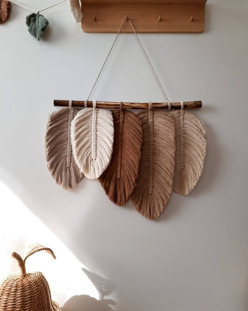 Macrame Feather and Wooden Wall Art