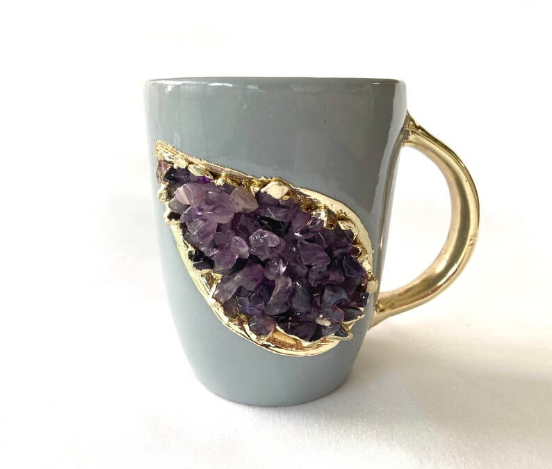Purple Agate Crystal Gold and Gray Mugs