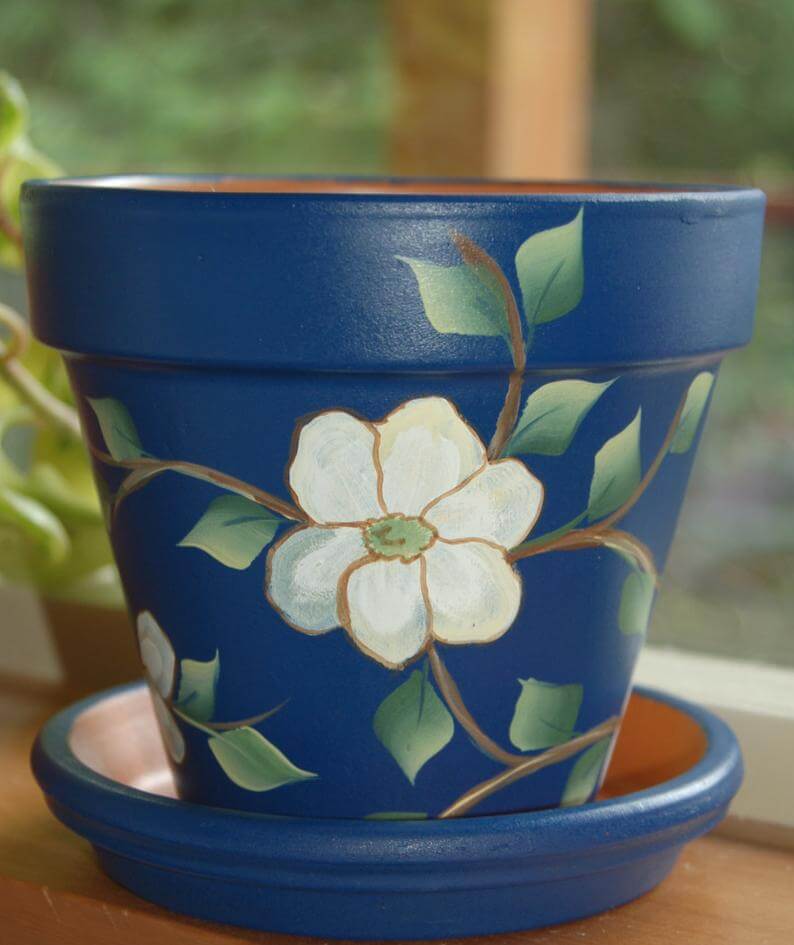 Elegant Hand-Painted Dogwood Floral Flower Pot