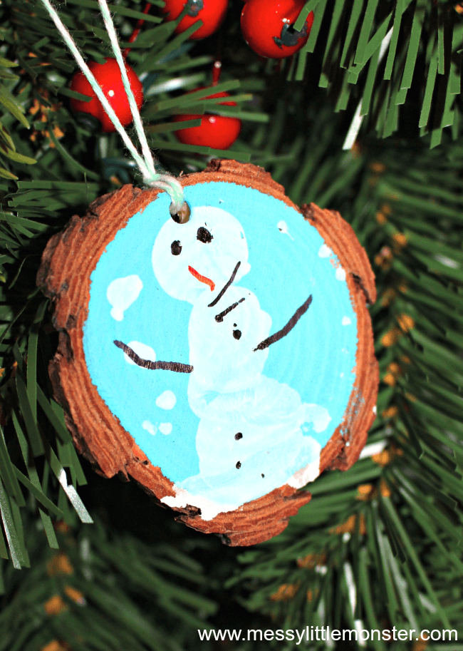 Kid-Friendly Fingerprint Snowman Wood Slice Ornament