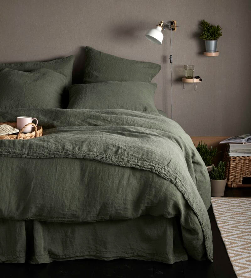 Dark Olive Green Linen Bed Cover