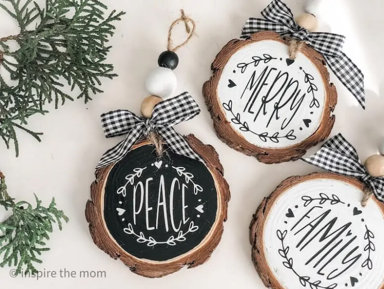 Black and White Wood Slice Christmas Ornaments