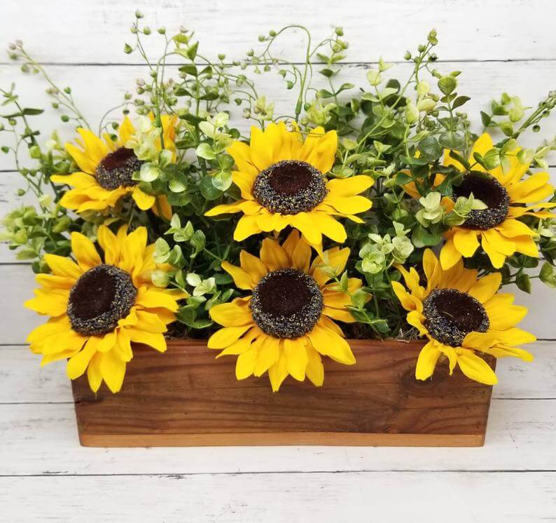 Splendid Six Sunflowers Filled Wooden Box
