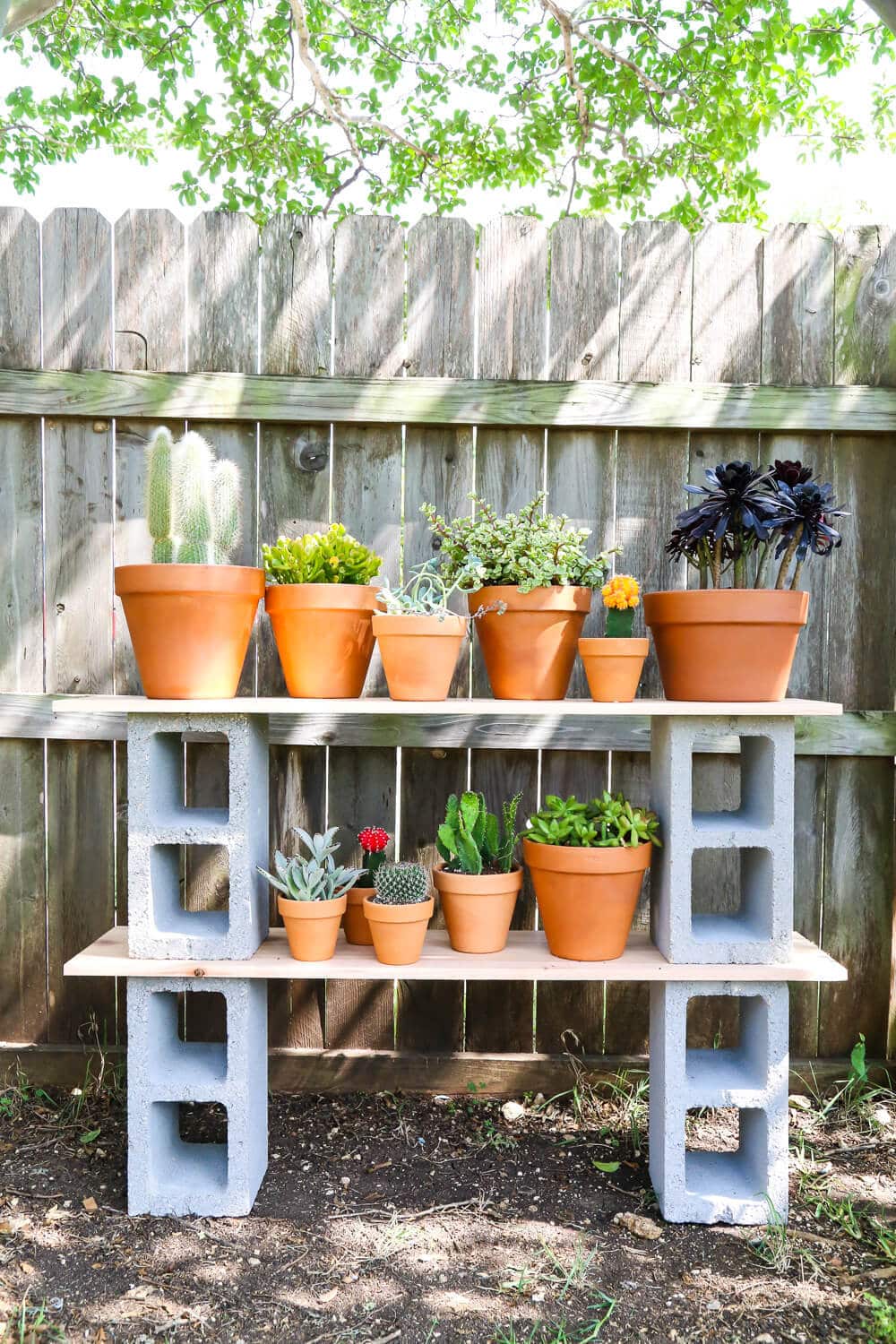 Concrete Block and Wooden Shelf Plant Stand