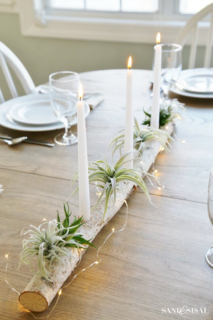 Wooden Centerpiece with Plants and Tapered Candles