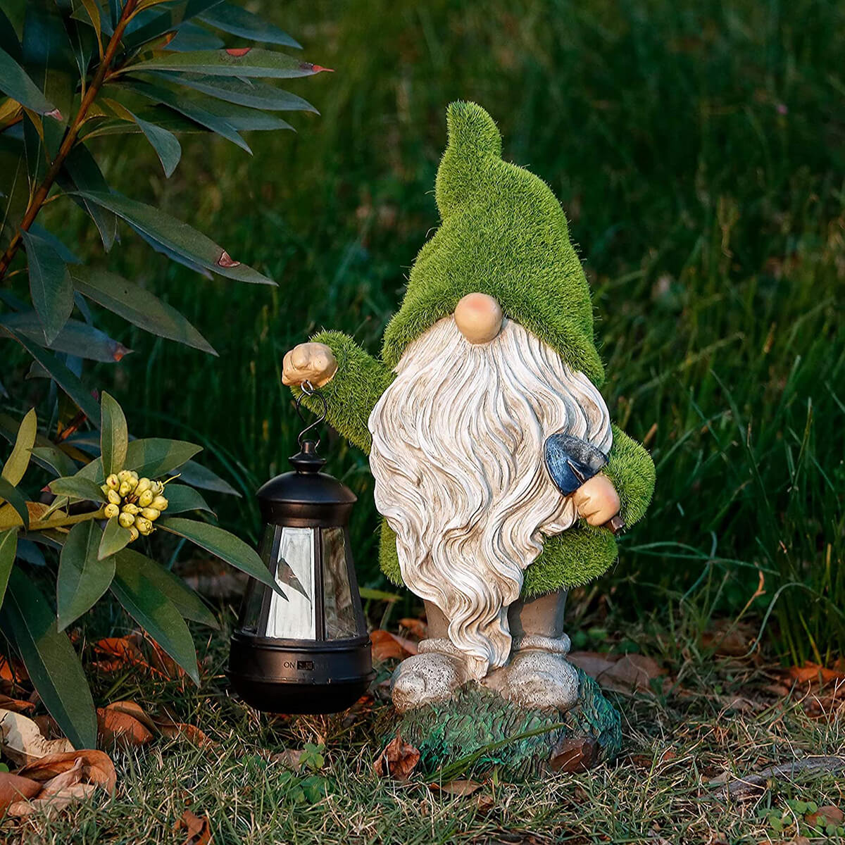 Moss Flocked Lantern Holding Gnome Statue