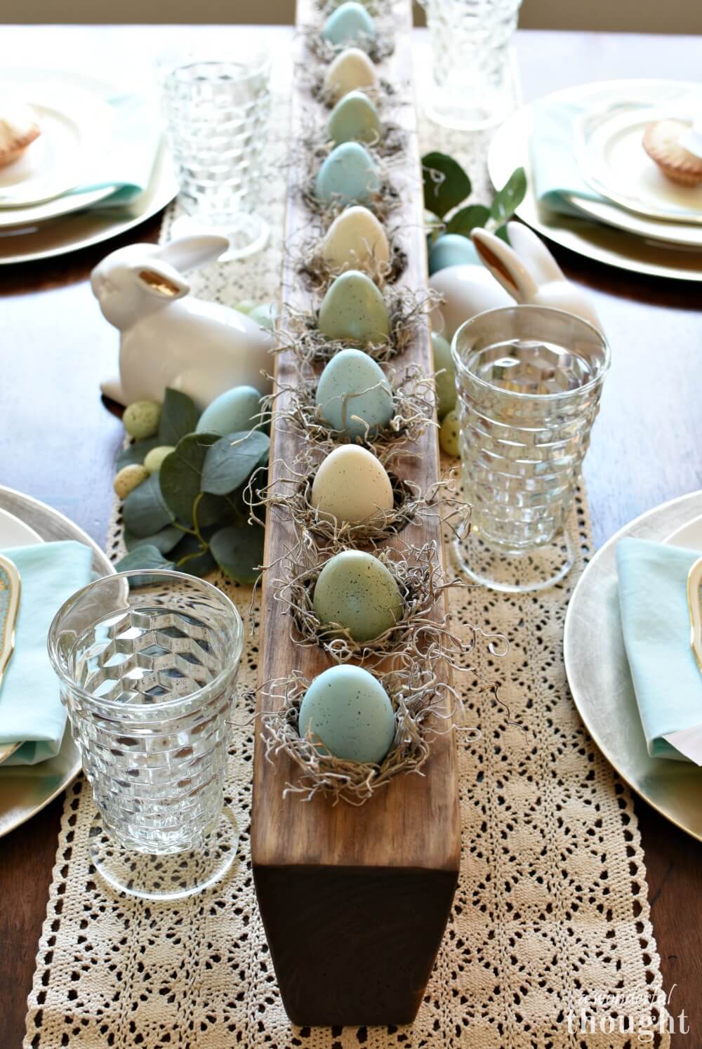 Wooden Centerpiece with Mini Speckled Egg Nests