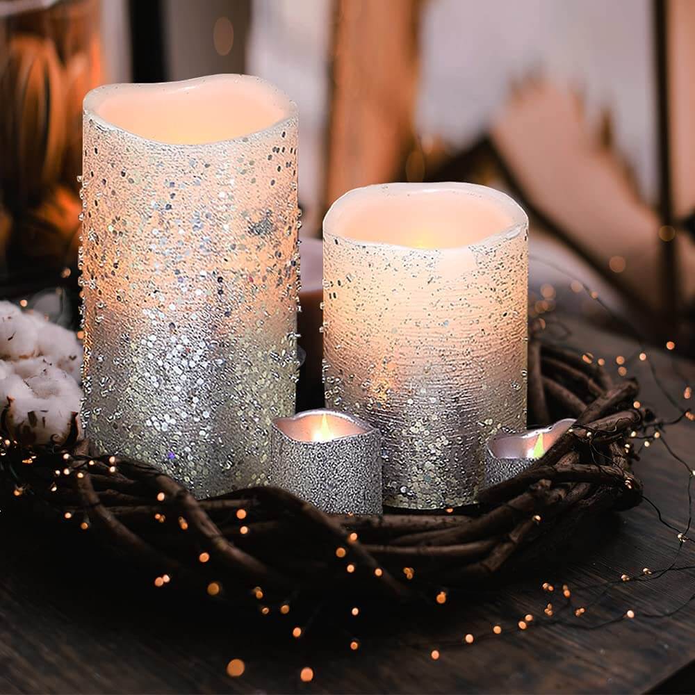 Silver Sparkling Remote-Controlled Flameless Candles Set