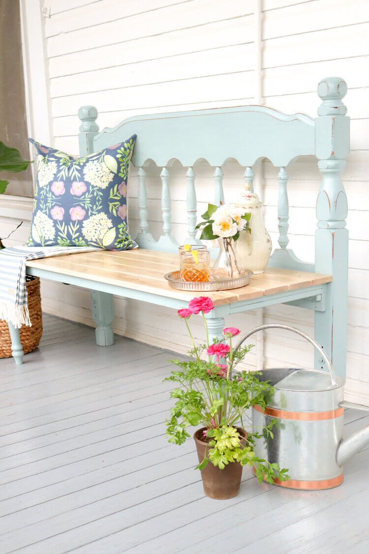 Repurposed Wooden Headboard to Porch Bench