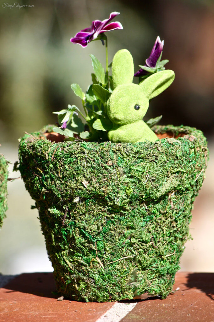 Moss Covered Pot with Little Bunny and Pansies