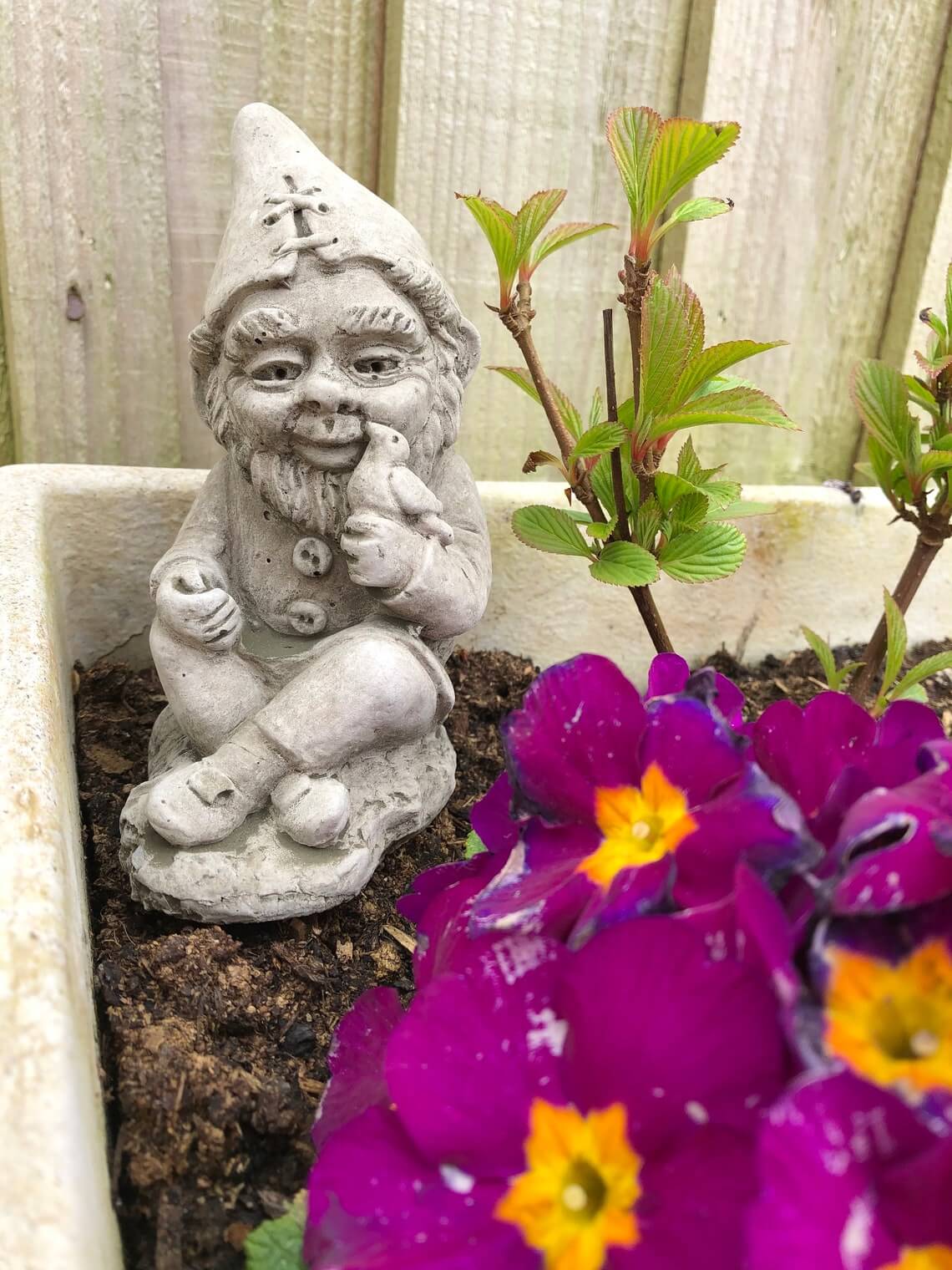 Concrete Garden Gnome with Bird Statue