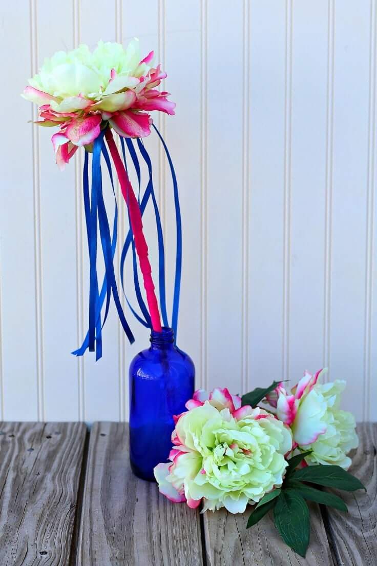 Red and White Peonies with Blue Ribbons