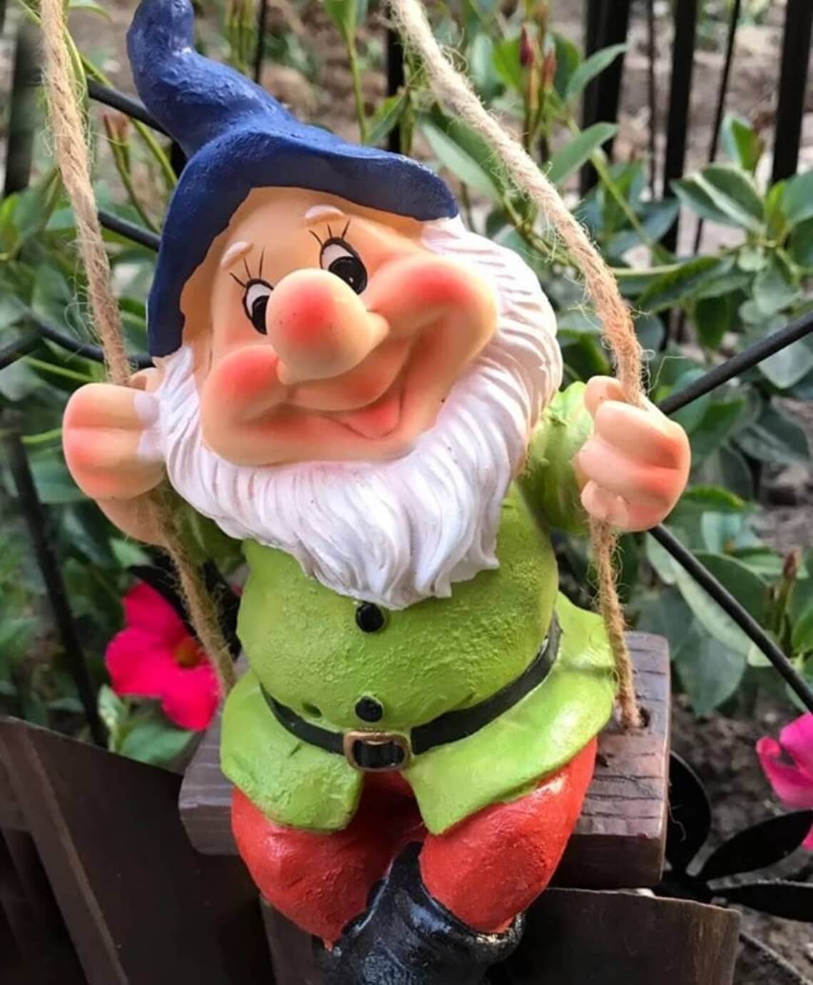 Snow White Dwarf Garden Gnome on Swing