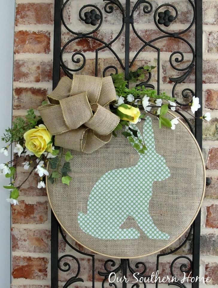 Burlap Bunny Applique with Spring Time Bow on a Circle Frame