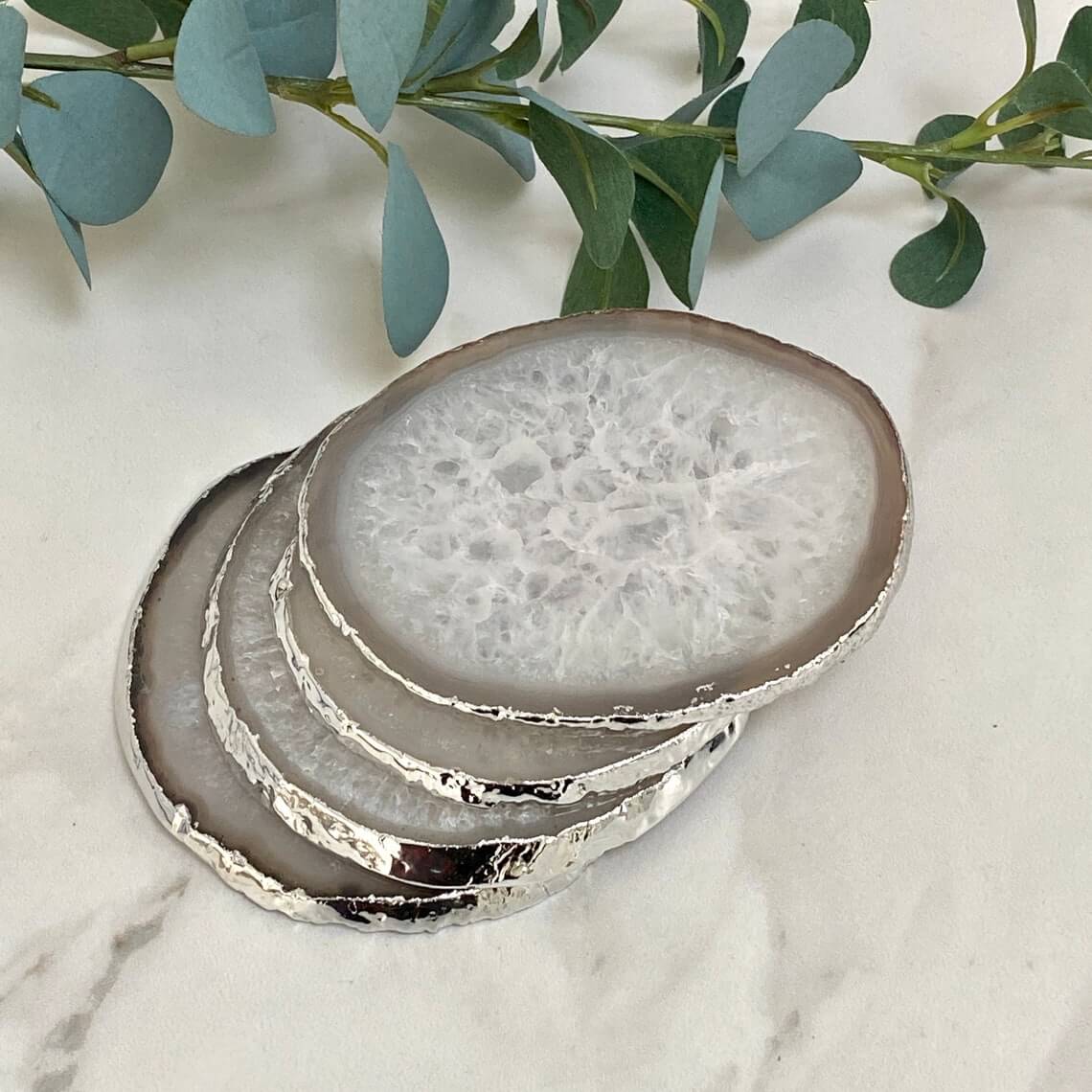 Brazilian White Agate Coasters Kissed by Silver