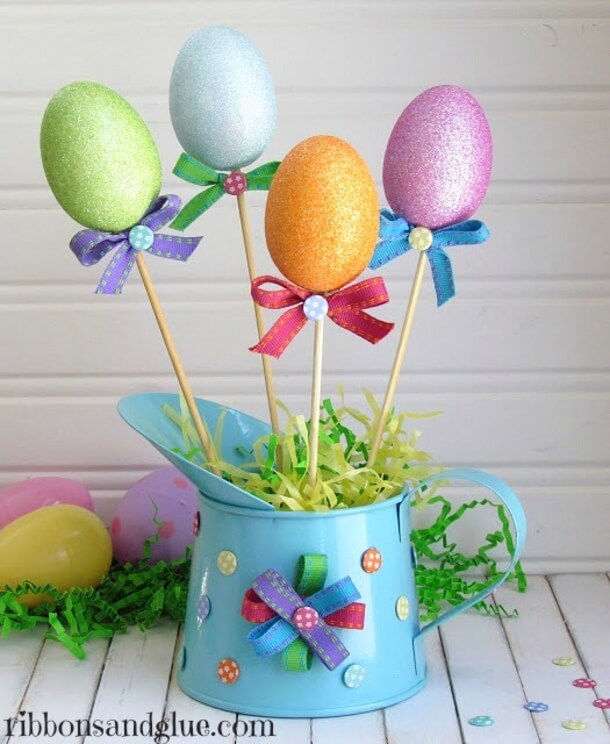 Glittery Egg and Ribbon Watering Tin Centerpiece