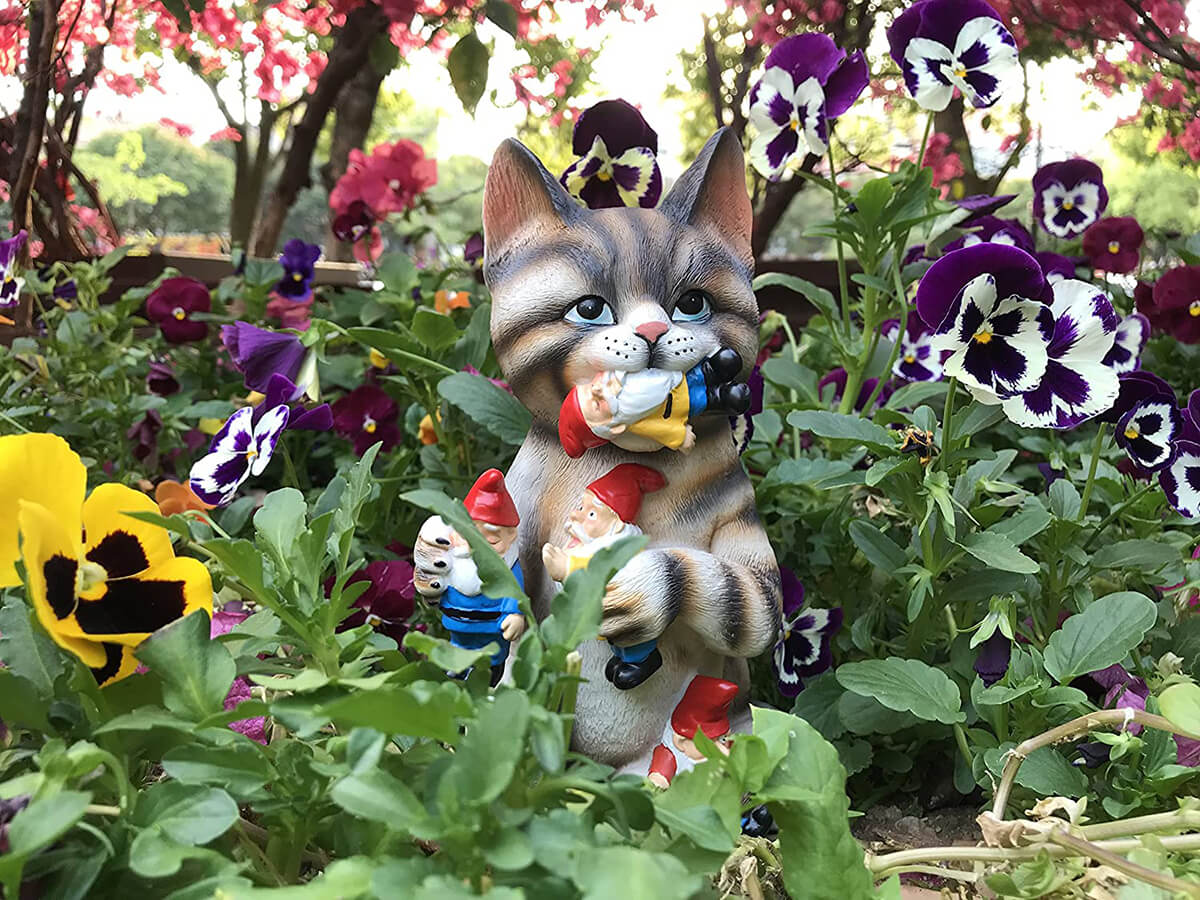 Ornery Garden Gnome-Loving Cat Garden Decor