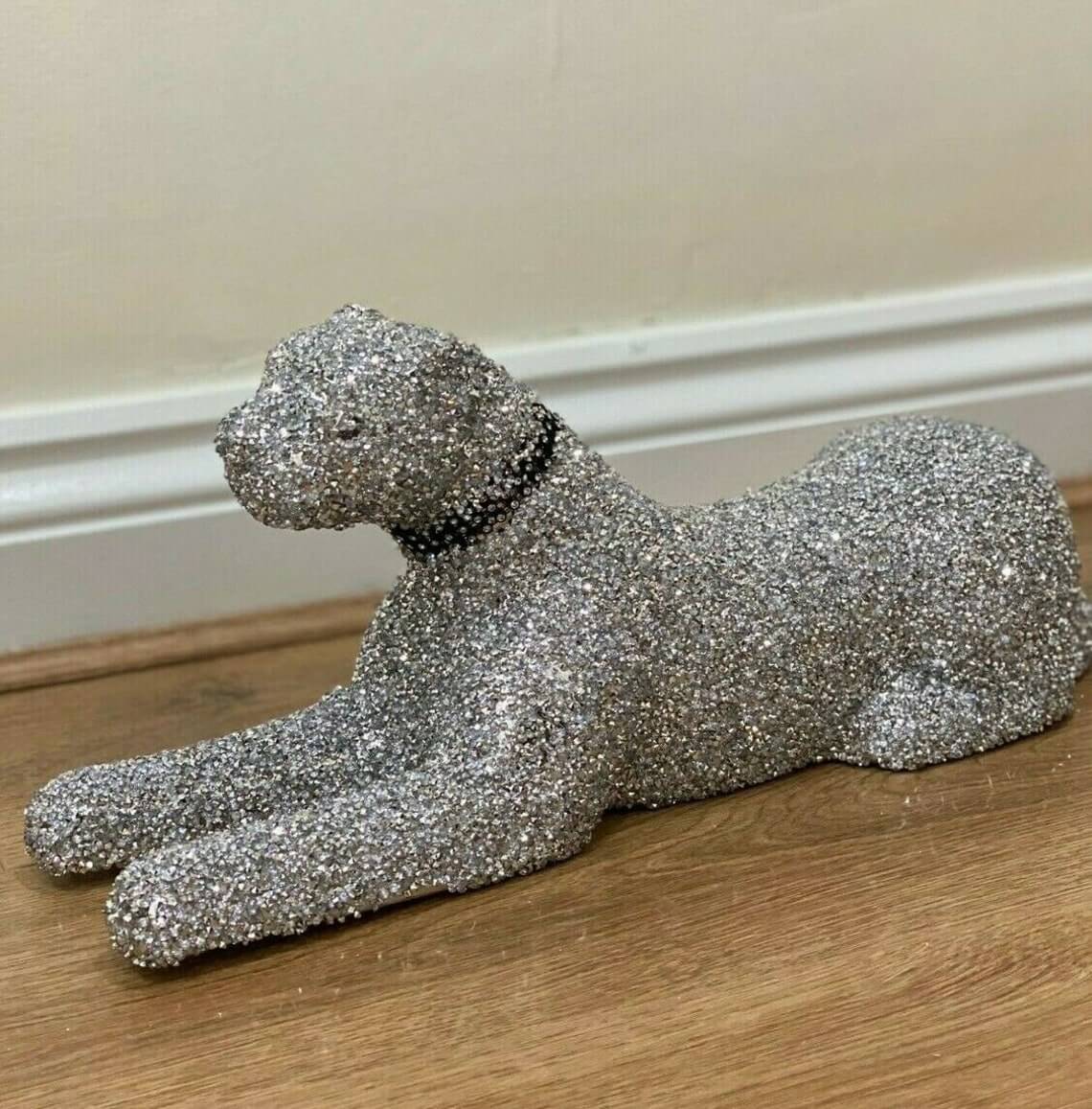 Silver Crushed Diamond Resting Feline Sculpture