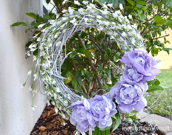 White Grapevine Wreath with Lavender Blooms