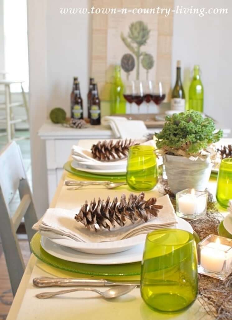 Modern Country Table Setting with Green Glassware