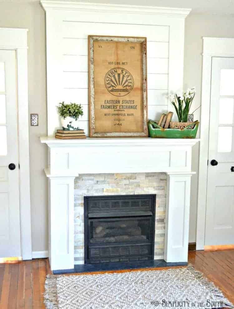 Mantel Decorated in White, Green, and Burlap