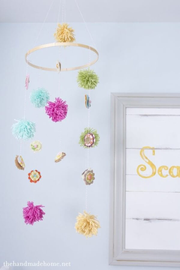 Pom Pom and Flower Button Decorative Mobile