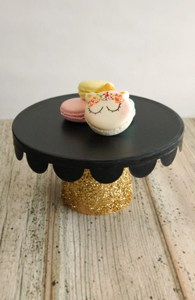 Scalloped Black Plate and Gold Cake Stand