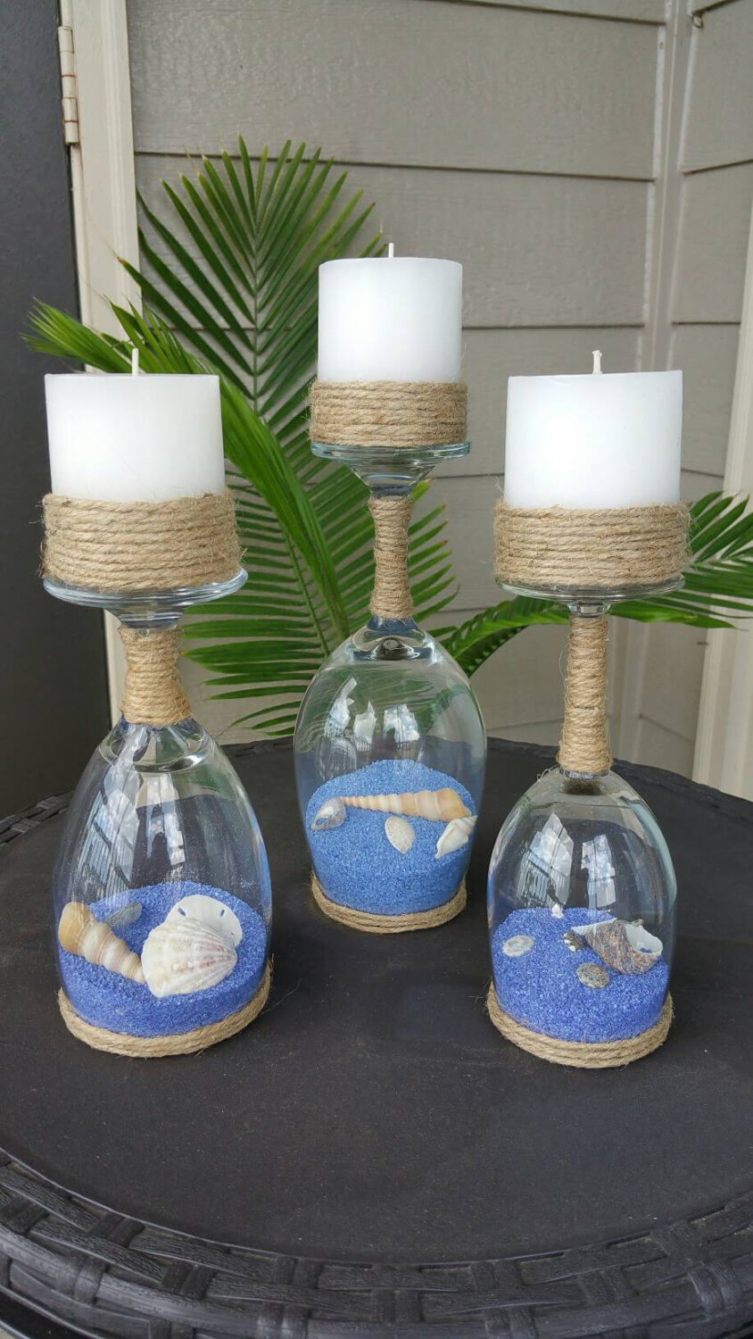 andy Seashell Homemade Wineglass Candle Holders
