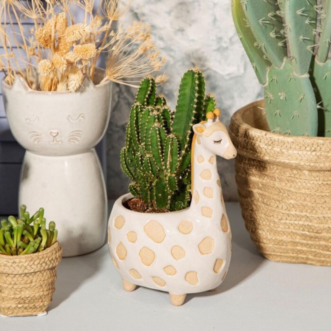 Sweetly Slumbering White-Glazed Giraffe Planter