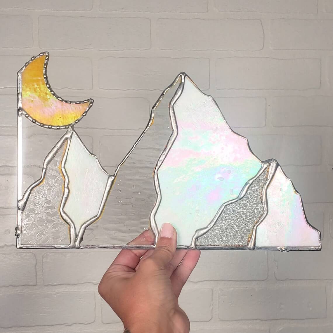 Frozen Moon and Mountain Stained Glass Art