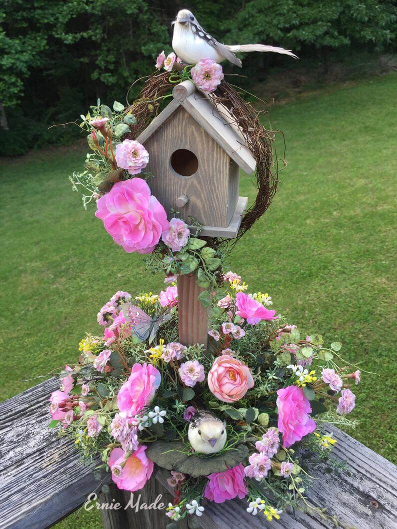 A Lovely Spring Garden Decor Birdhouse with Floral Delights