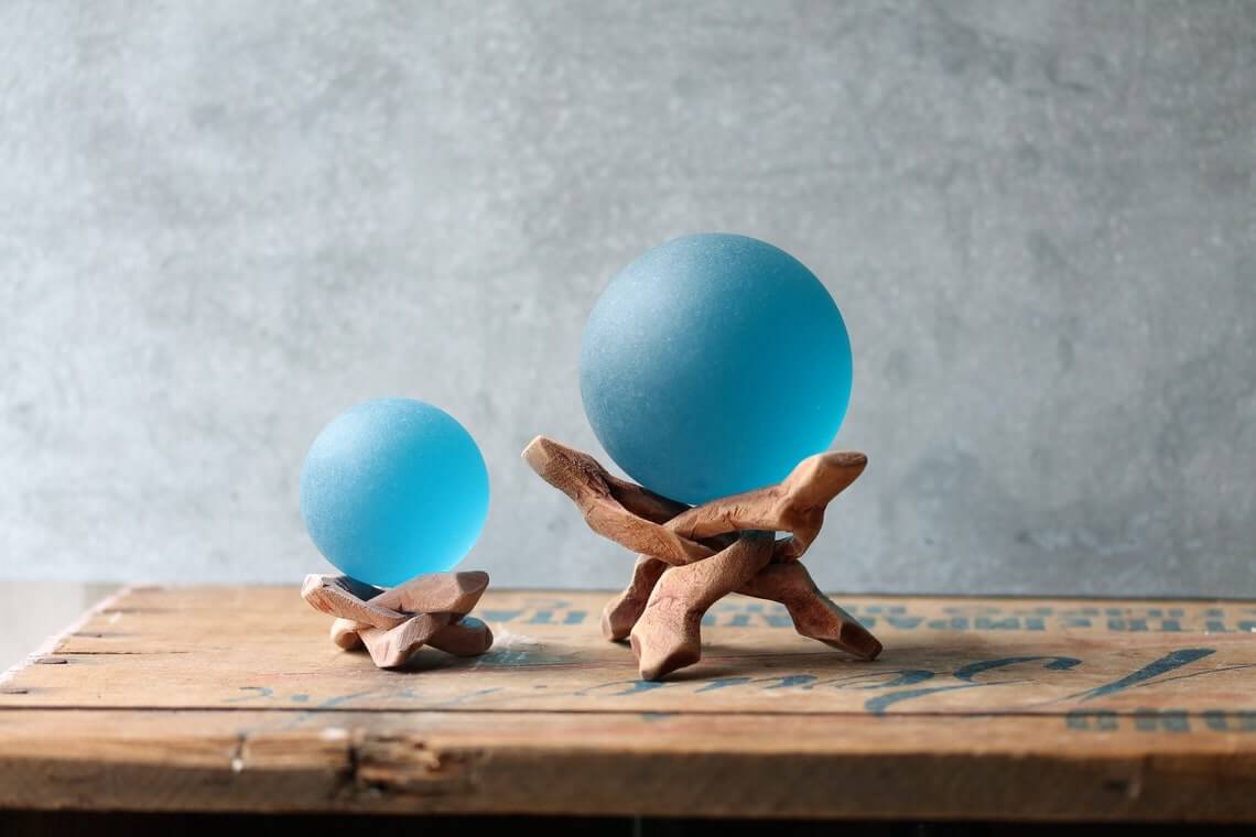 Blue Sea Glass Ball and Driftwood Stand