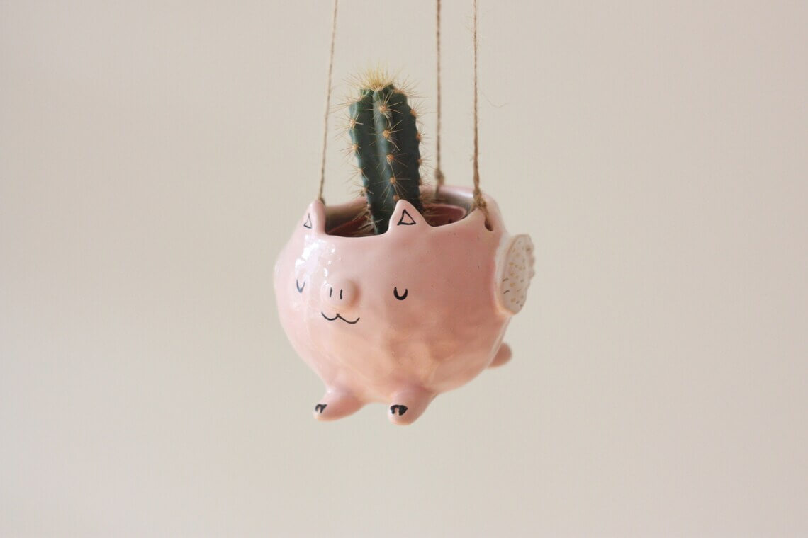 Cartoon-Style Flying Pig Planter Pot