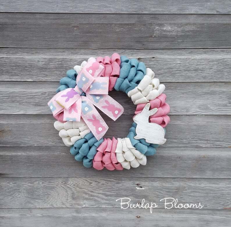 Pink, Blue, and White Burlap Bunny Wreath