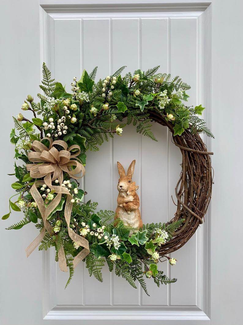 Natural Colors with Bunny Statue Spring Wreath
