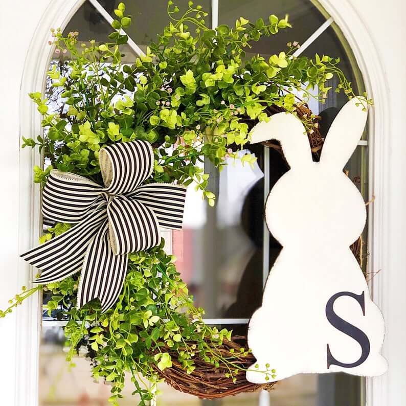 Black, White, and Green Grapevine Bunny Wreath
