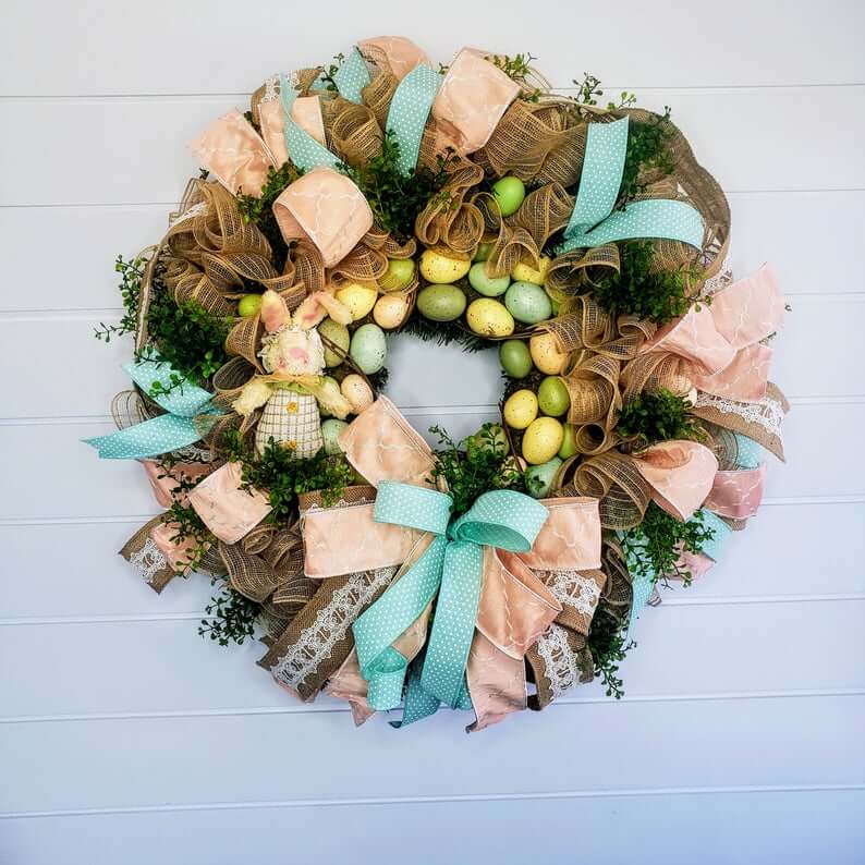 Teal and Peach Burlap Ribbon Easter Wreath