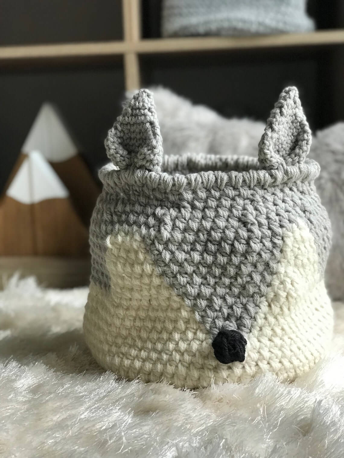 Crocheted Gray Fox Toy Basket