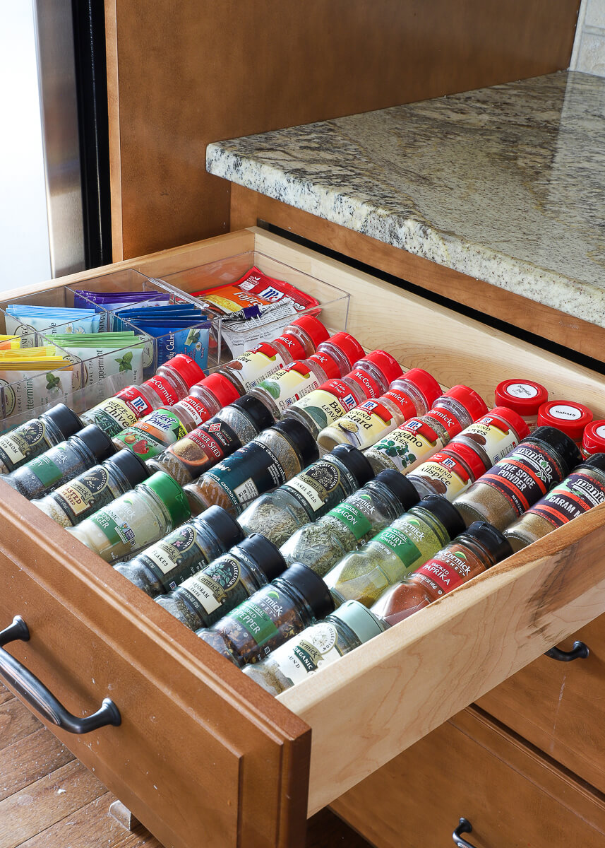 Organized Spice Jars in a Drawer