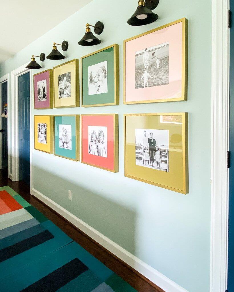 Gold-Framed Gallery Wall Popping with Color