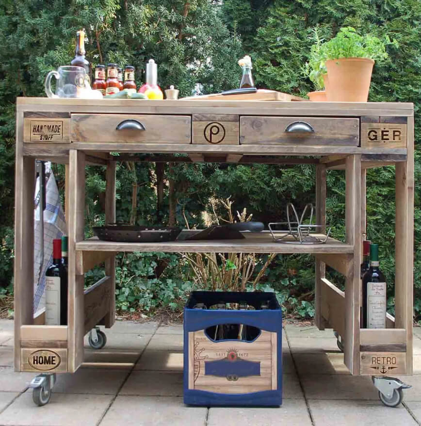 Pallet-look Grill Table on Wheels